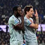 Udinese's Keinan Davis (L) celebrates with Udinese's Nicolo' Zaniolo after goal 0-2 during the Italian Serie A soccer match Atalanta BC vs Udinese Calcio at the New Balance Arena in Bergamo, Italy, 7 March 2026. ANSA/MICHELE MARAVIGLIA