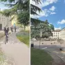 Il render di come sarà piazza Garibaldi e l'area come si presenta ora, senza gli arredi temporanei