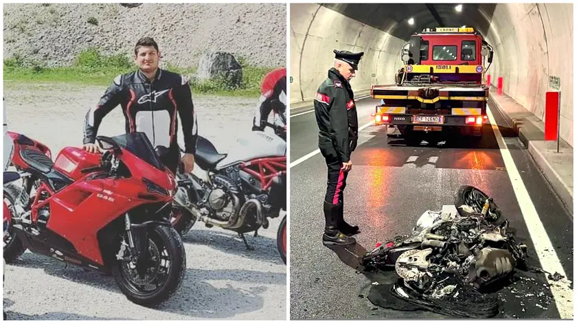 Giacomo Lazzarin, morto a 35 anni. A fianco la sua moto distrutta