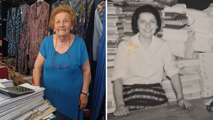 Cesarina Vidal nel suo emporio oggi e in una foto storica