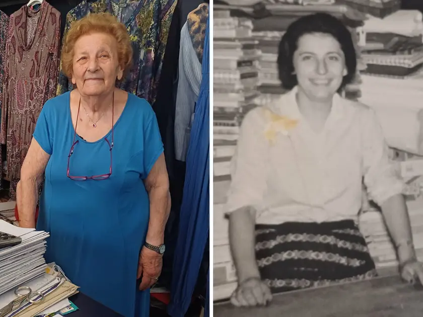 Cesarina Vidal nel suo emporio oggi e in una foto storica