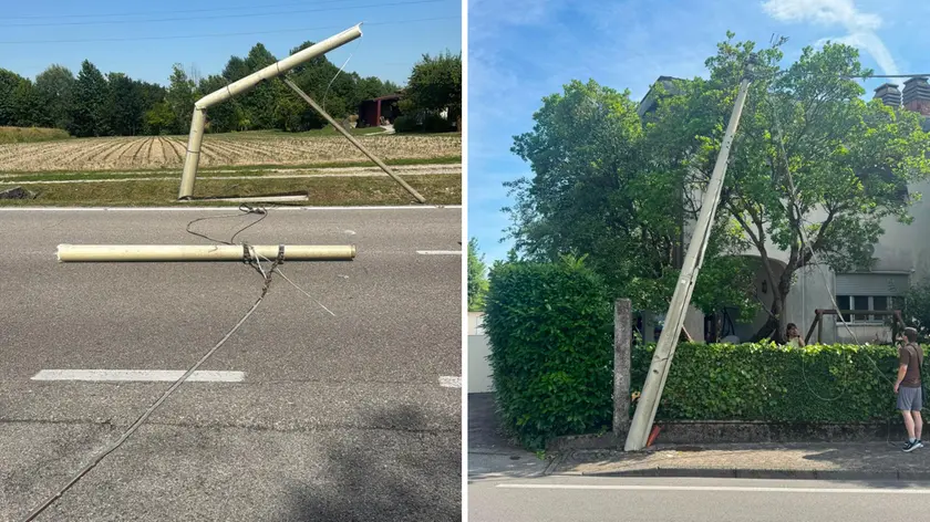 I pali telefonici abbattuti dal mezzo trasportato sul camion