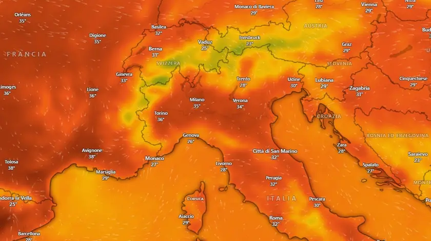 Nordest nella morsa del caldo estremo: temperature fino a 39 gradi in pianura (Foto: Windy)