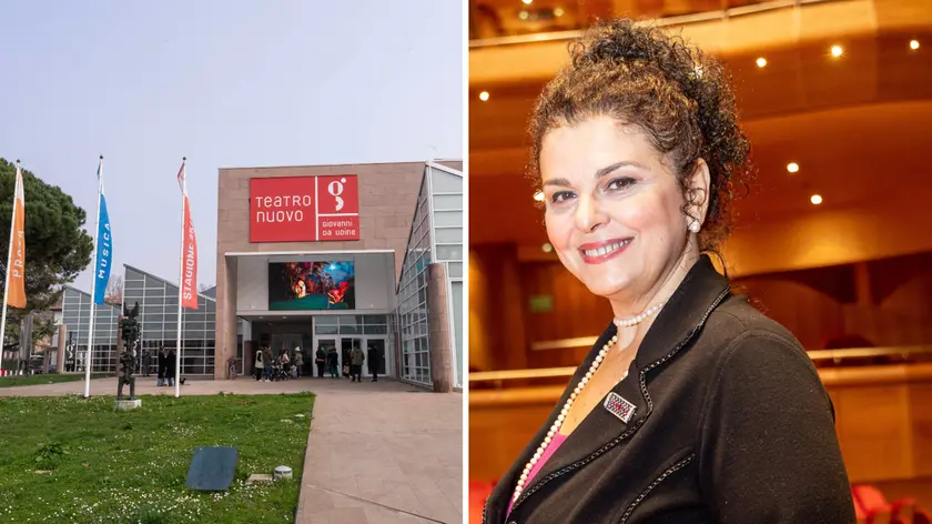 A sinistra l’ingresso del Teatro nuovo Giovanni da Udine, a destra la soprano Fiorenza Cedolins