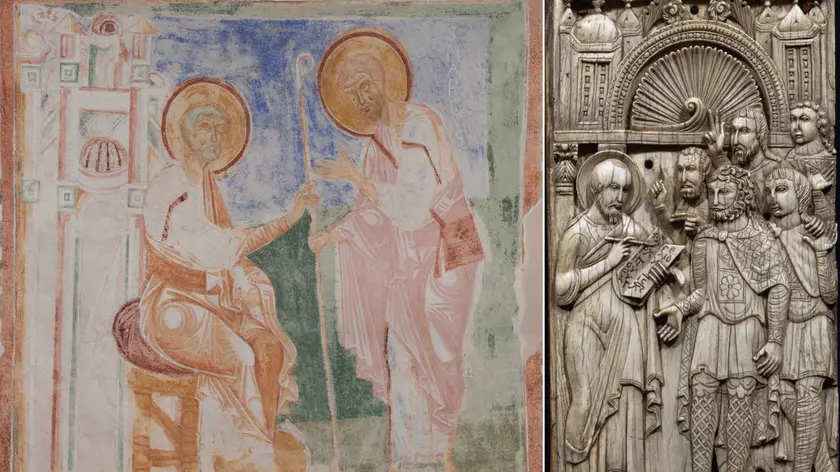 Le Storie di Marco nella Cripta di Aquileia (foto Makovac) e la predica di San Marco (foto Comune di Milano)