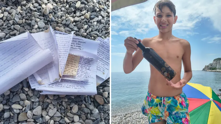 A sinistra i messaggi trovati nella bottiglia, a destra Massimiliano Mazzoli, 10 anni