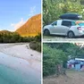 A sinistra la spiaggetta di Povici (foto Regione Fvg), a destra i turisti accampati nei pressi del torrente e nei boschi