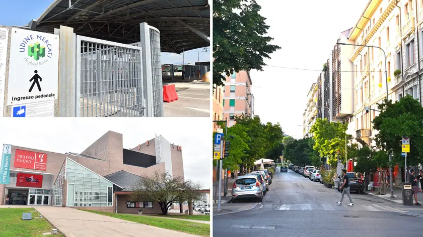 Via Roma in Borgo stazione, l’ingresso di Udine Mercati e il Teatrone (foto Petrussi)