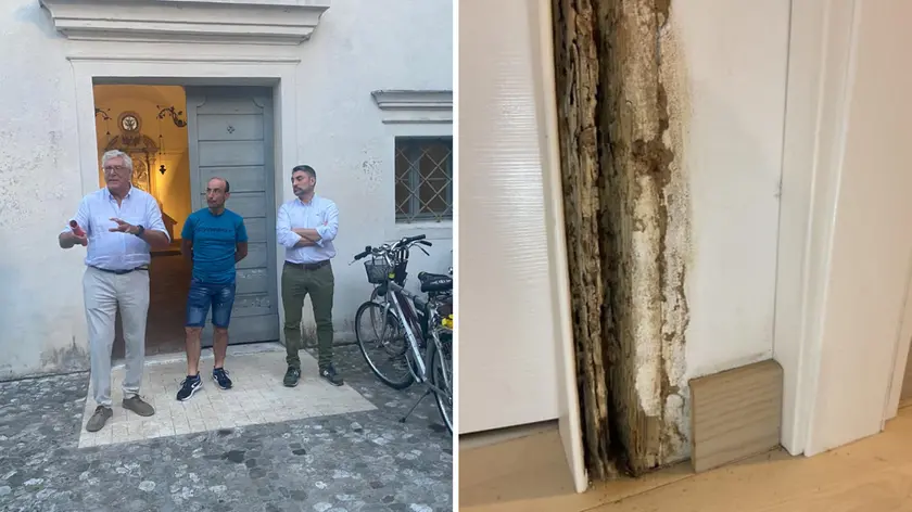 Alcuni dei partecipanti all'assemblea di Casarsa e i danni provocati dalle termiti alle abitazioni