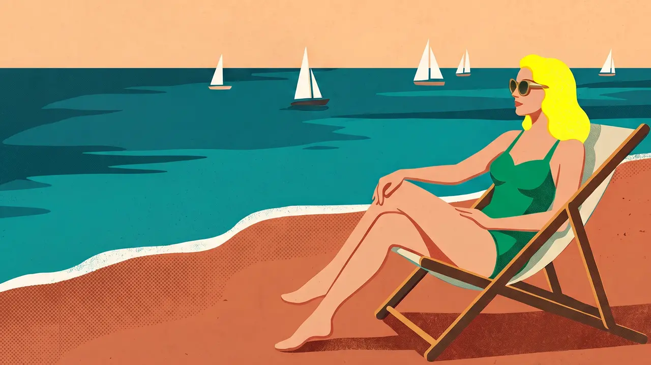 Estati in spiaggia in un’immagine che riecheggia i manfesti turistici in stile vintage del dopoguerra