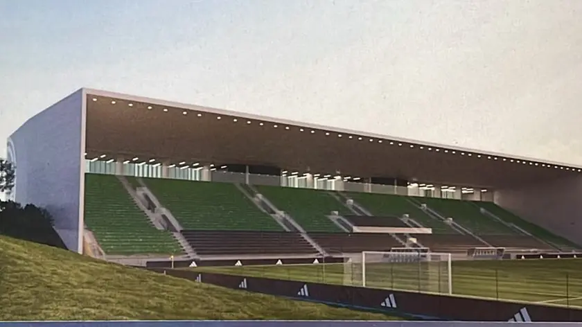 Il render delle tribune coperte del futuro stadio in Comina