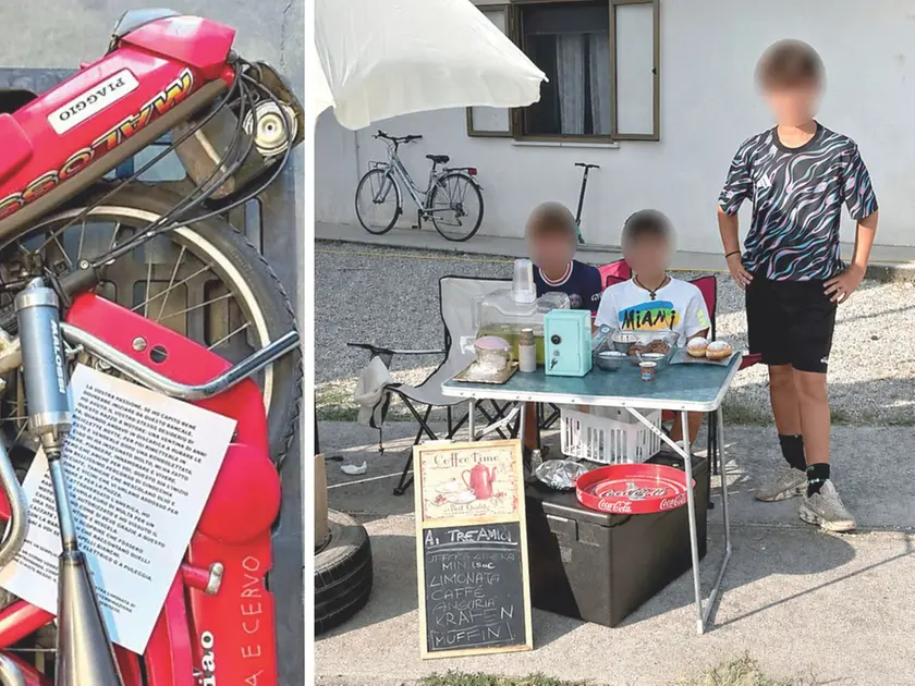 Uno dei Ciao già spedito e in arrivo da Aosta. A destra il banchetto dei tre ragazzi in via Buttrio a Pradamano diventato un caso