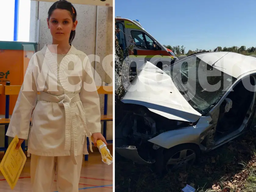 A sinistra la piccola Noemi Schiavo, morta a seguito dell'incidente sulla Pontebbana (a destra l'auto sulla quale viaggiava con il papà e la sorella)