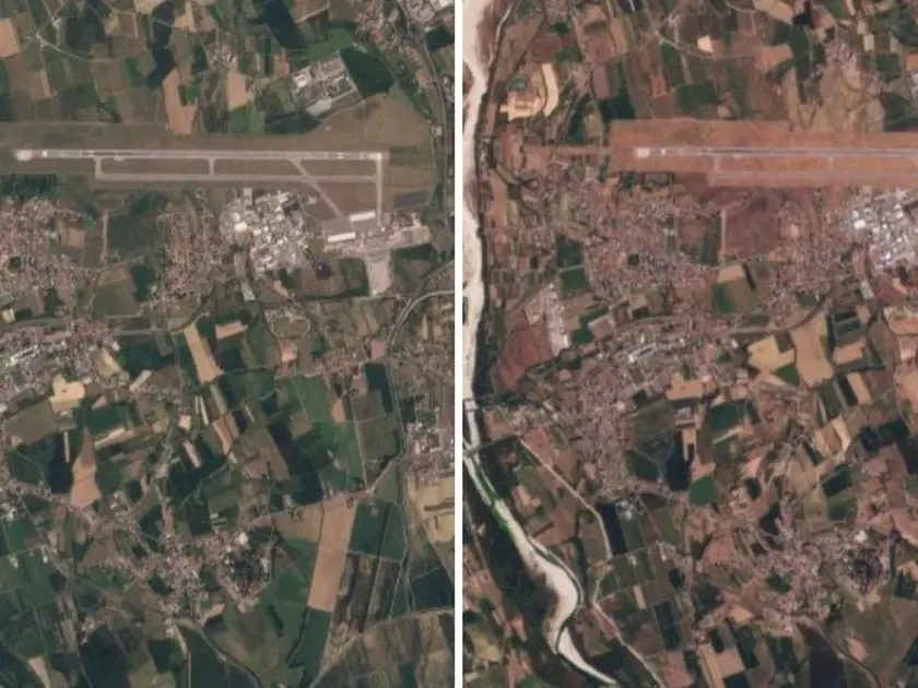 Le immagini mettono a confronto il territorio di Ronchi dei Legionari, colpito dalla siccità. A sinistra il 2025, a destra il 2026. Crediti: Planet Labs PBC 2026, in collaborazione con Piero Boccardo del Politecnico di Torino