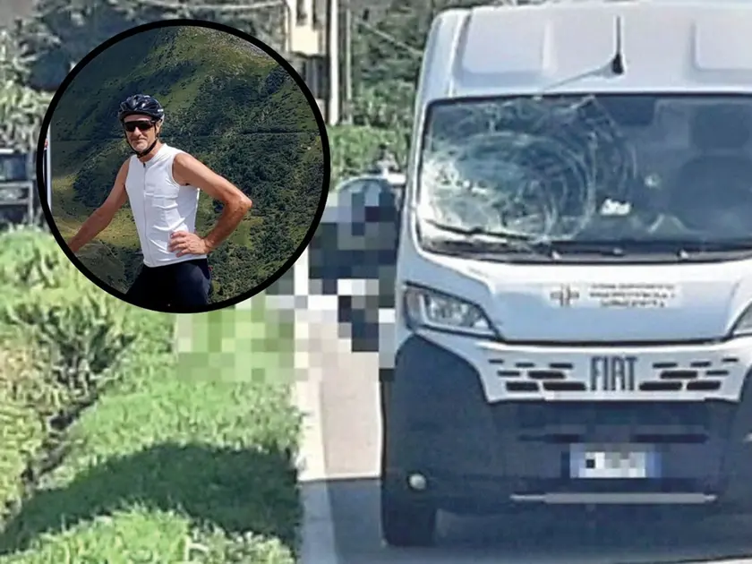 Nella foto il furgone con cui si è scontrata la vittima,Stefano Iuri (nel tondo)
