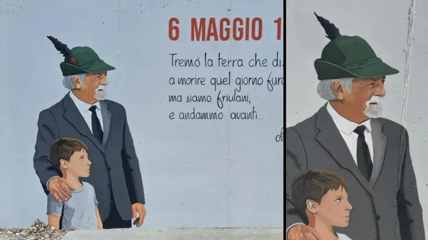 Il murales prima e dopo l'intervento dell'artista
