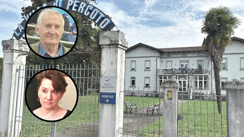 In alto, da sinistra, Giuliano Fedela e la figlia Marzia. Nella foto grande, l’ingresso della Rsa di Sereni Orizzonti a Percoto di Pavia di Udine.