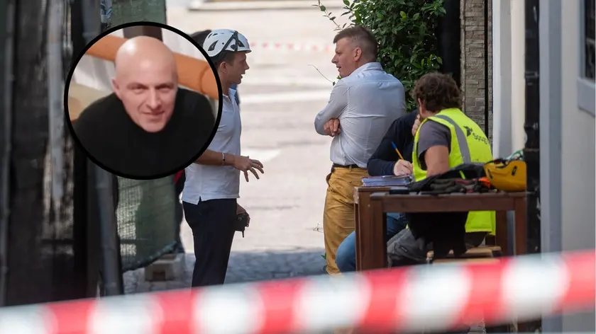 Nella foto grande il cantiere in largo San Giorgio, nel tondo Sergio Da Ros