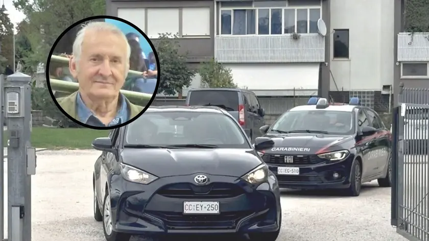 Nel tondo Giuliano Fedele, nella foto grande i carabinieri all'uscita della casa di riposo