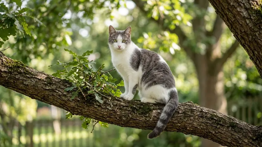 Un gatto di razza europea bianco e grigio, come Koby