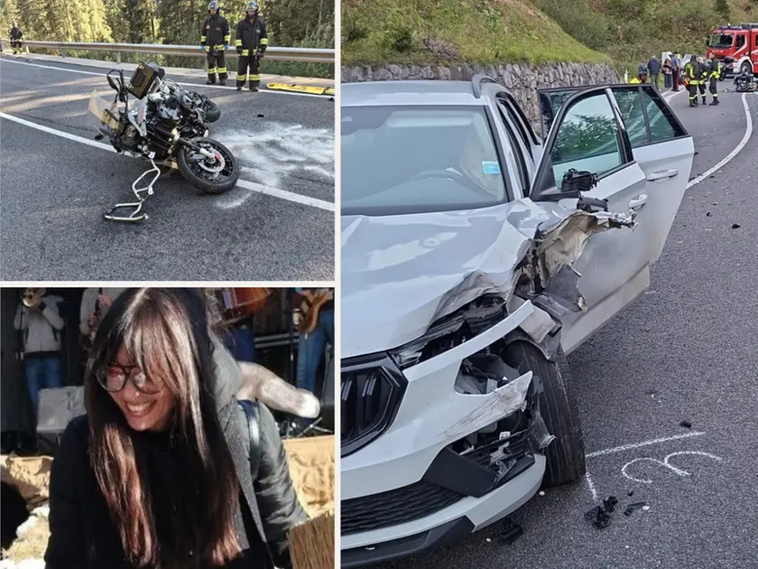 Laura Doraponti viaggiava sulla moto con il compagno. A destra, in una foto di Telefriuli, l'auto con la quale si sono scontrati