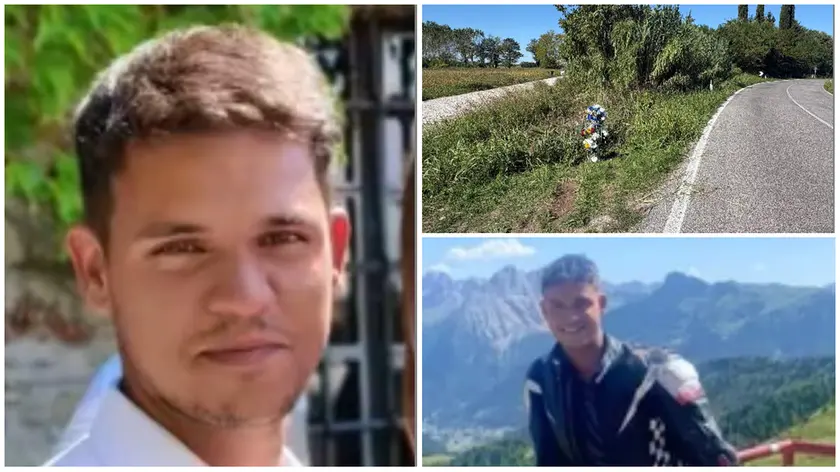 Due immagini di Riccardo Brescia, morto a 26 in moto e il luogo dell'incidente