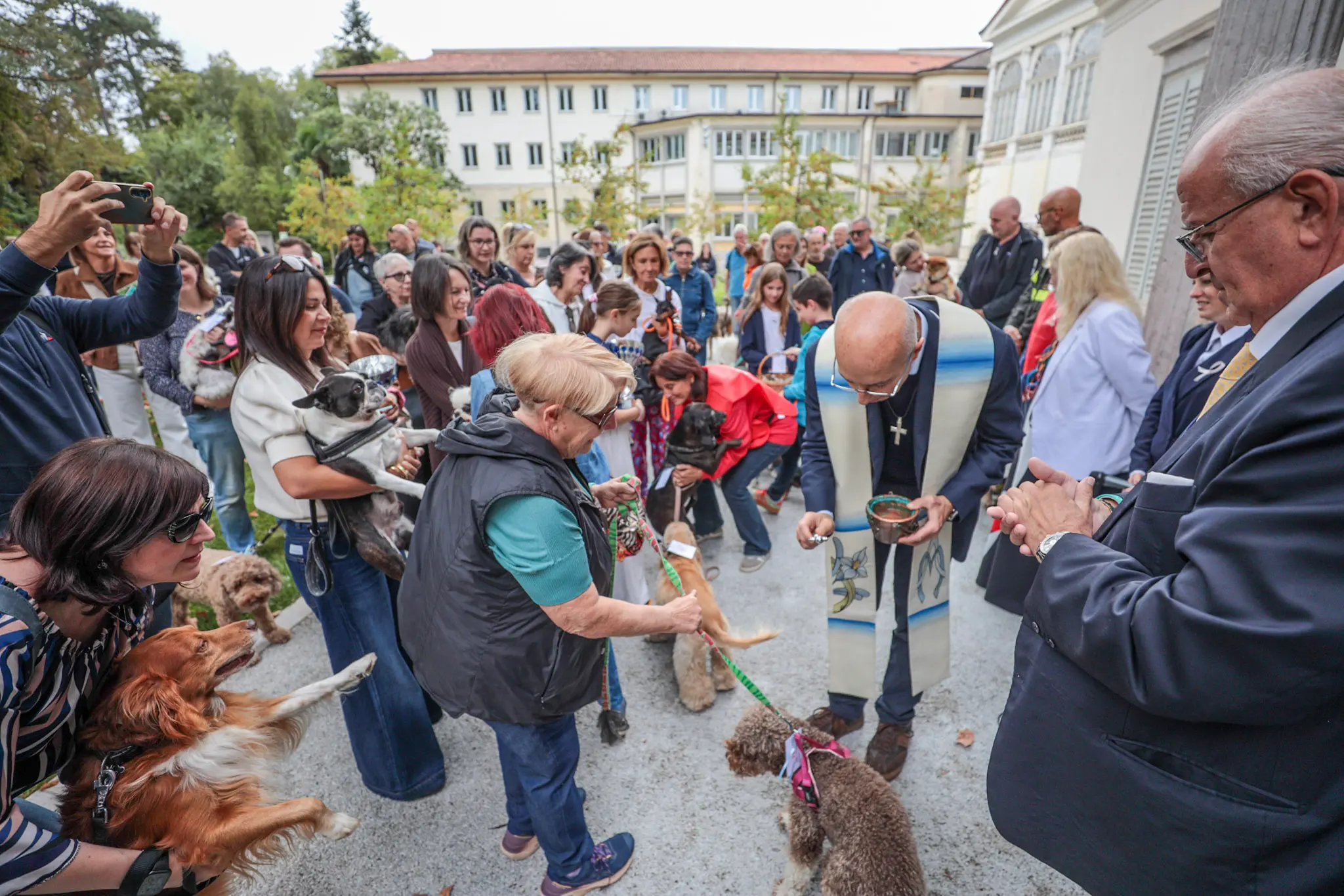 Quarantacinque partecipanti, tanti sorrisi e un'ospite d'onore davvero speciale. Il parco del Municipio di Gorizia ha ospitato sabato 10 ottobre la quarta edizione della benedizione degli animali, organizzata dal Comune insieme alle associazioni La Cuccia, Zampette Cormonesi e Gli amici di Poldo. Alla sfilata hanno partecipato soprattutto cani, con l'eccezione di due tartarughe, suddivisi in tre categorie: tale e quale, bon ton e simpatia. La benedizione è stata impartita da don Fulvio Marcioni, alla presenza del sindaco Rodolfo Ziberna e di altri rappresentanti dell'amministrazione comunale. Grande protagonista della giornata Lamù, il pastore australiano dei vigili del fuoco, andato in pensione ad aprile dopo otto anni di servizio e circa cento interventi di soccorso. Tra le sue missioni anche le ricerche dopo il crollo del ponte Morandi a Genova e il terremoto in Turchia (Foto Daniele Tibaldi)