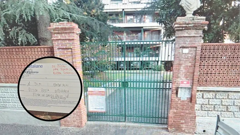 L'ingresso del condominio Ai Dani e il dettaglio dell'avviso: Foto Petrussi