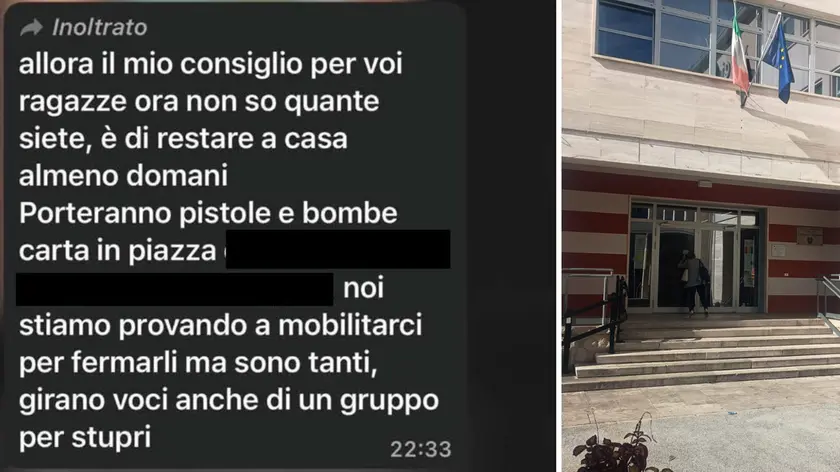 Una delle chat fake di minaccia rivolte a studenti e istituti che giravano tra gli studenti di Pordenone. A destra Il liceo Leopardi-Majorana