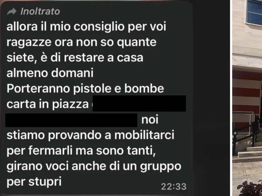 Una delle chat fake di minaccia rivolte a studenti e istituti che giravano tra gli studenti di Pordenone. A destra Il liceo Leopardi-Majorana