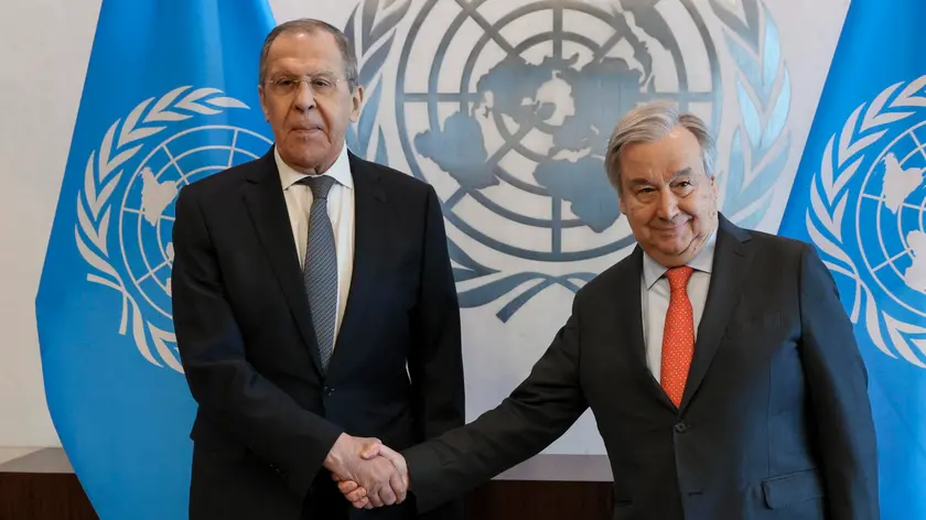 epa10589654 A handout picture made available by Russian Foreign ministry press service shows Russia's Foreign Minister Sergey Lavrov (L) and United Nations Secretary-General Antonio Guterres (R) shake hands at the start of a meeting following a United Nations Security Council meeting at the United Nations headquarters in New York, New York, USA, 24 April 2023. EPA/RUSSIAN FOREIGN MINISTRY PRESS SERVICE HANDOUT HANDOUT EDITORIAL USE ONLY/NO SALES
