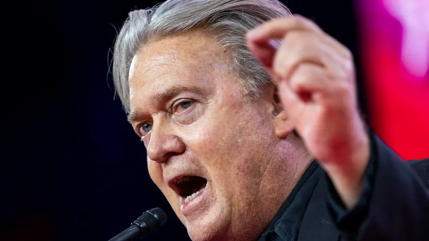 epa10501568 Former White House Chief Strategist Steve Bannon speaks at the Conservative Political Action Conference (CPAC), billed as the largest conservative gathering in the world, at the Gaylord National Resort & Convention Center in National Harbor, Maryland, USA, 03 March 2023. This year's speakers include former US President Donald Trump and former Brazilian President Jair Bolsonaro. EPA/SHAWN THEW