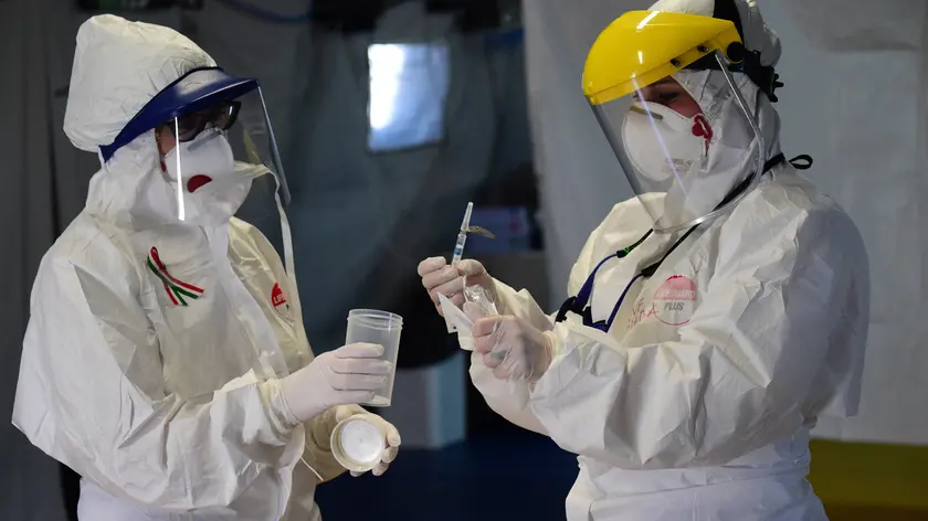 24/03/2020 Bologna. Gli operatori sanitari controllano i tamponi di test coronavirus