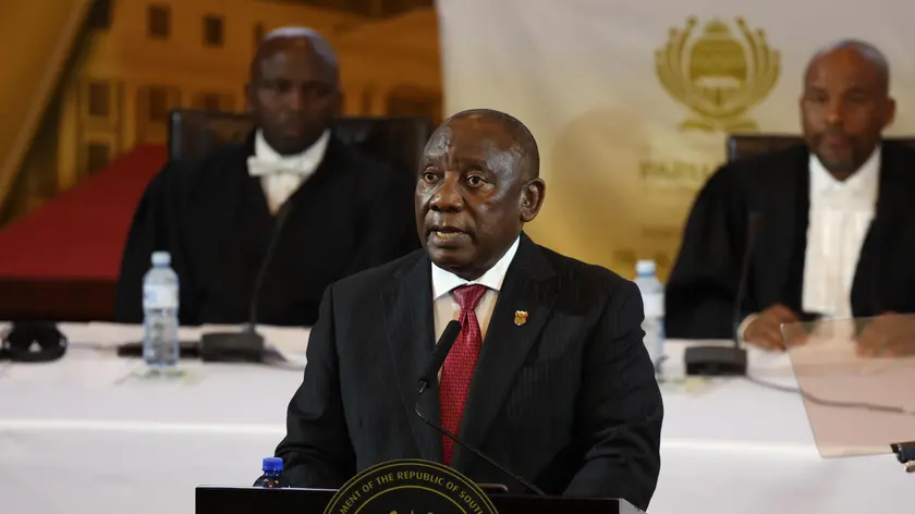 epa11137315 South African President Cyril Ramaphosa delivers his 2024 State of the Nation address at the City Hall in Cape Town, South Africa , 08 February 2024. EPA/ESA ALEXANDER / POOL