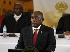 epa11137315 South African President Cyril Ramaphosa delivers his 2024 State of the Nation address at the City Hall in Cape Town, South Africa , 08 February 2024. EPA/ESA ALEXANDER / POOL