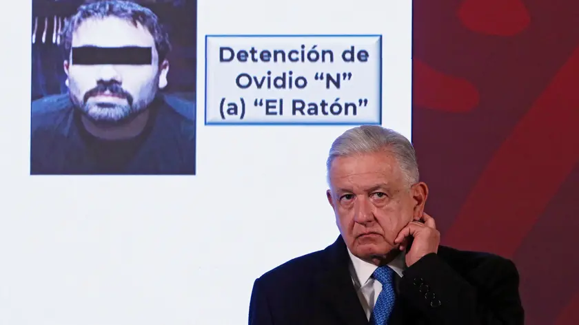 epa10392432 Mexican President Andres Manuel Lopez Obrador reacts during a morning press conference at the National Palace in Mexico City, Mexico, 06 January 2023. At least 29 people were killed in a wave of violence that swept northern Mexico following the arrest of Ovidio 'El Raton' Gumzan, one of the sons of notorious drug lord Joaquin 'El Chapo' Guzman. Mexico’s defense secretary Cresencio Sandoval said 10 of those killed were members of the Mexican Armed Forces and 19 belonged to the heavily armed criminal organizations that sparked the violence. EPA/Jose Mendez