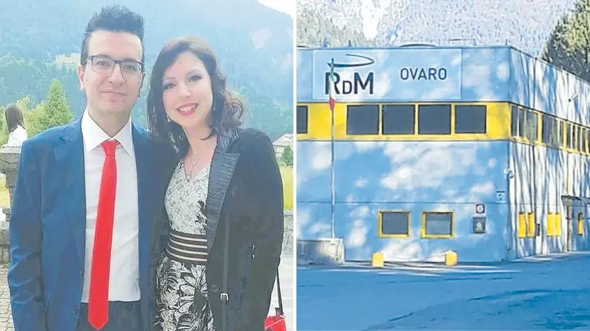 Patrick Cattarinussi con la moglie Monica Leita e, a destra, la cartiera RdM di Ovaro