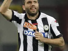 Udinese defender Maurizio Domizzi, right, celebrates after scoring during the Serie A soccer match between Inter Milan and Udinese at the San Siro stadium in Milan, Italy, Sunday, May 19, 2013. (AP Photo/Antonio Calanni)