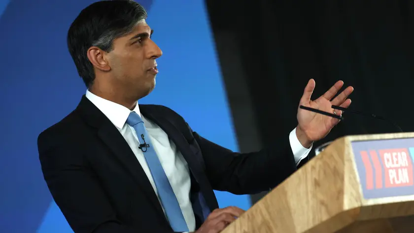 epa11403743 Conservative Party leader Britain's Prime Minister Rishi Sunak delivers the party's election manifesto at Silverstone Racetrack, Britain, 11 June 2024. Britain will hold a snap general election on 04 July 2024. EPA/NEIL HALL