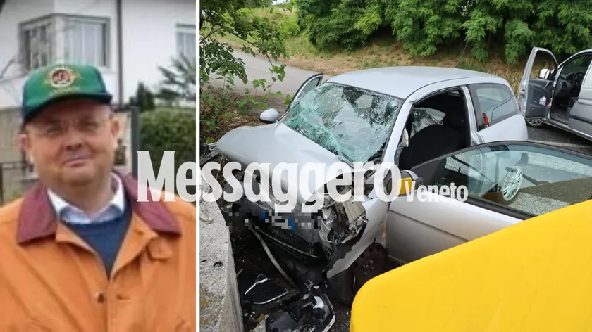 Giacomo Filaferro, morto nell’incidente che si è verificato lungo la Tangenziale Sud di Udine. A destra, l’utilitaria guidata dal sessantottenne (foto petrussi)