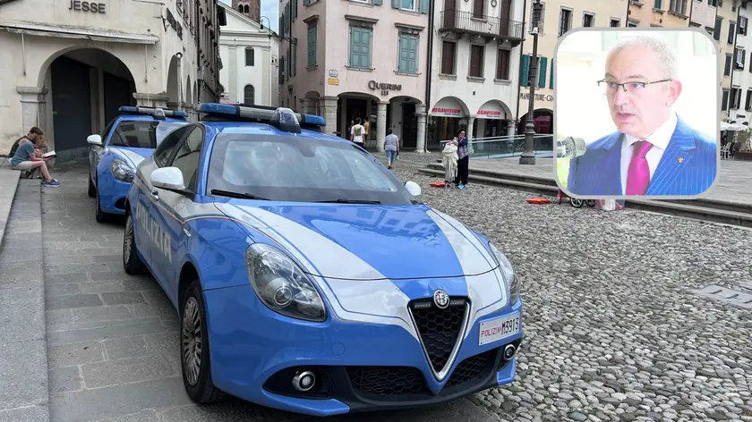 Un'auto della polizia in centro e, nel riquadro, il questore D'Agostino