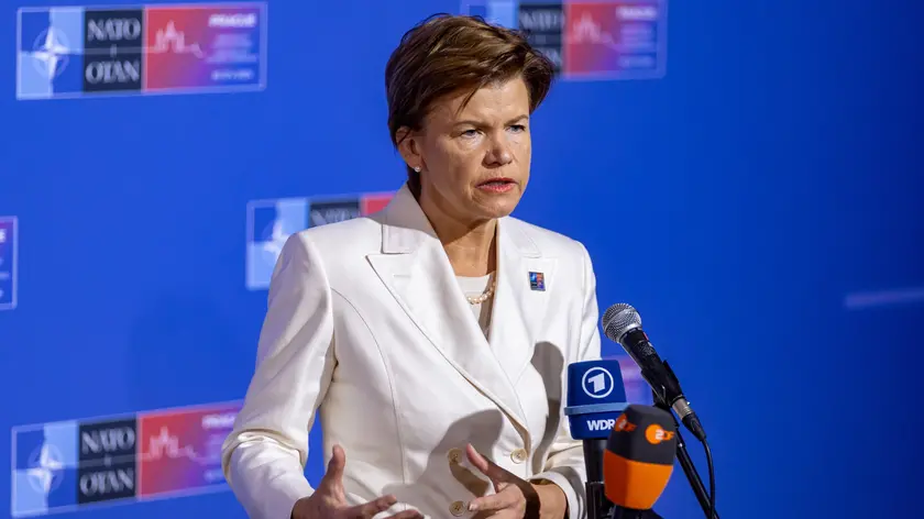 epa11381111 Latvia's Foreign Minister Baiba Braze talks to journalists as she arrives for the informal NATO Foreign Ministers Meeting at Czernin Palace, in Prague, Czech Republic, 31 May 2024. The main topic of the two-day informal meeting of NATO foreign ministers is the search for consensus on the Alliance's next steps in support of Ukraine and discuss priorities for the upcoming NATO Washington Summit. EPA/MARTIN DIVISEK / POOL