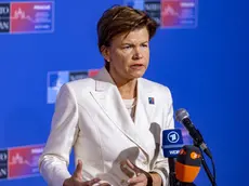 epa11381111 Latvia's Foreign Minister Baiba Braze talks to journalists as she arrives for the informal NATO Foreign Ministers Meeting at Czernin Palace, in Prague, Czech Republic, 31 May 2024. The main topic of the two-day informal meeting of NATO foreign ministers is the search for consensus on the Alliance's next steps in support of Ukraine and discuss priorities for the upcoming NATO Washington Summit. EPA/MARTIN DIVISEK / POOL