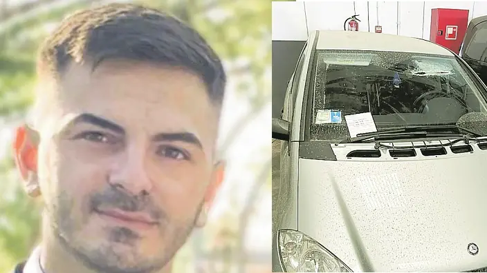 Klaudio Mirashi, vittima a soli 23 anni dell’incredibile incidente in Spagna. A fianco l’auto su cui viaggiava con lo squarcio sul parabrezza