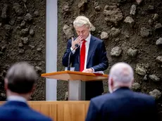 epa11359675 Party for Freedom (PVV) leader Geert Wilders speaks during a debate on the final report of informateurs Richard van Zwol and Elbert Dijkgraaf on forming new Dutch government in the House of Representatives in the Hague, the Netherlands, 22 May 2024. Under their guidance, the PVV, VVD, NSC and BBB parties have reached a final agreement to form a right-wing cabinet, after almost six months of negotiations. EPA/ROBIN UTRECHT