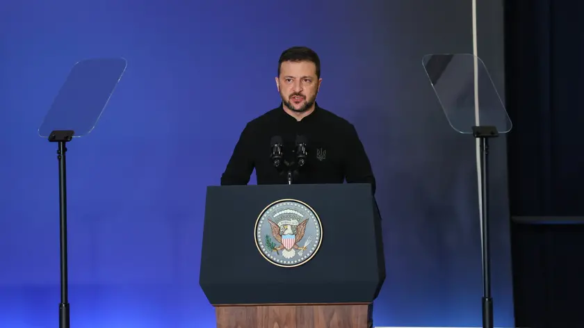 epa11625455 Ukrainian President Volodymyr Zelensky speaks at the 'Supporting Ukrainian Recovery and Reconstruction' meeting on the sidelines of the General Debate of the 79th session of the United Nations General Assembly in New York, New York, USA, 25 September 2024 (issued 26 September 2024). U.S. President Joe Biden and the leaders of 30 other countries signed a joint G7 and EU statement on the reconstruction of Ukraine during a meeting on the sidelines of the General Debate of the 79th session of the United Nations General Assembly. EPA/LESZEK SZYMANSKI POLAND OUT