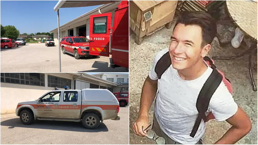 Alcuni dei mezzi che sono stati impegnati nelle ricerche. Il 23enne (nella foto) è stato trovato morto lunedì mattina