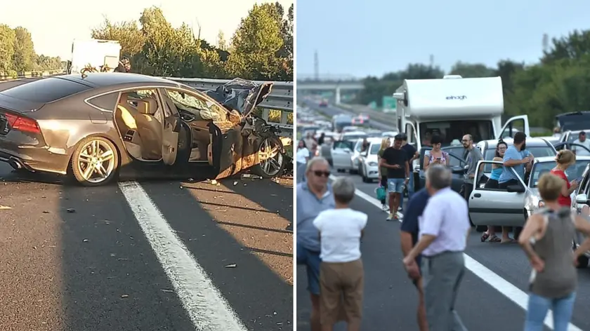 Una delle auto coinvolte nell'incidente e, a destra, la lunga colonna di veicoli creatasi dopo la chiusura della A28 (foto Brisotto / Petrussi)