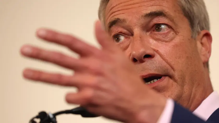 epa11409556 Reform UK Leader Nigel Farage makes an election speech in London, Britain, 14 June 2024. Britain is to hold a snap election on 04 July 2024. EPA/NEIL HALL
