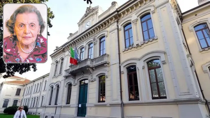 La scuola Dante a Udine e, nel riquadro, la maestra Luigina Pellegrini, 99 anni